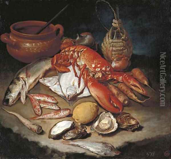A lobster, herring, turbot, skate, red mullets and oysters with turnips, onions, a lemon, an earthenware pot and a wicker and glass bottle on a stone Oil Painting - Giacomo Ceruti (Il Pitocchetto)