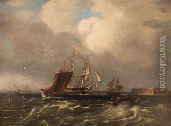 Frigate, Running Into Portsmouth Harbour Oil Painting - Edward William Cooke