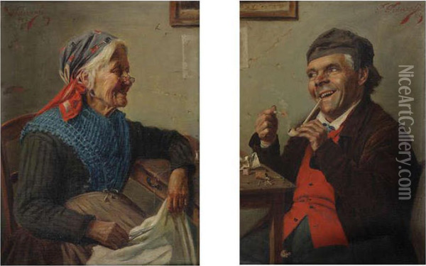 Gelukkig En Bejaard Echtpaar, Zij Kleren Verstellend, Hij Pijprokend Oil Painting - Pio Pedersoli