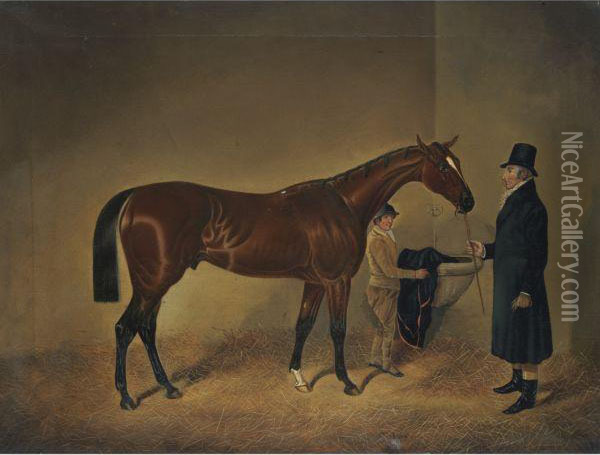 The Famed Racehorse, Sir Tatton Sykes, With His Owner And A Groomin A Loosebox Oil Painting - John Frederick Herring Snr