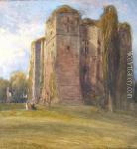 Figures By Castle Ruins Possibly Old Wardourcastle, Wiltshire Oil Painting - David Cox