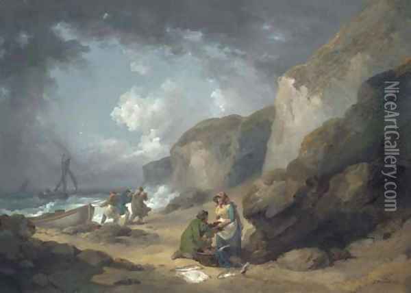 A coastal scene with fisherfolk on the shore Oil Painting - George Morland