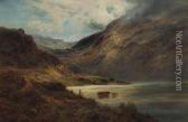 A Highland Loch Scene Oil Painting - Alfred de Breanski