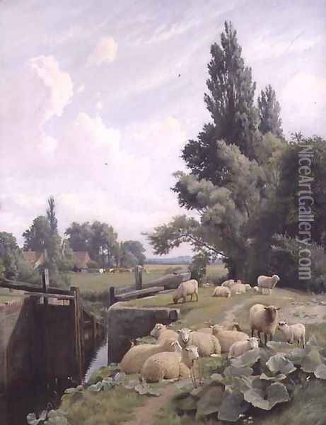 Landscape with a Canal Lock and a Flock of Sheep, 1884 Oil Painting - William Sidney Cooper