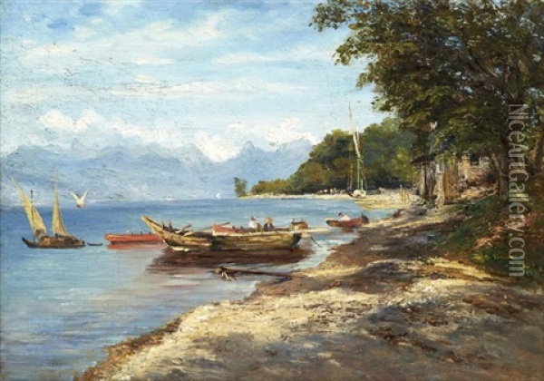 Barques Sur Un Lac De Montagne Oil Painting - Andre Giroux