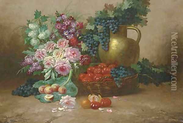 Still Life with Flowers, Fruits, Vegetables and a Copper Jug Oil Painting - Max Carlier