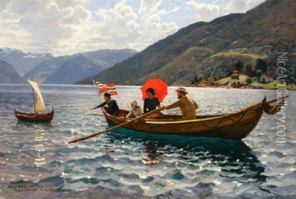 Artist With His Family Boating In Balestrand Oil Painting - Hans Dahl