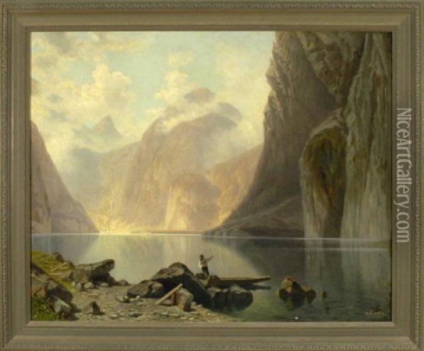 Fischer Am Konigssee Mit Blick Auf Schonau Oil Painting - Theodor (Wilhelm T.) Nocken