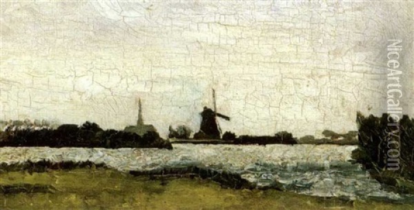 Riverlandscape With Windmill Oil Painting - Theo van Doesburg