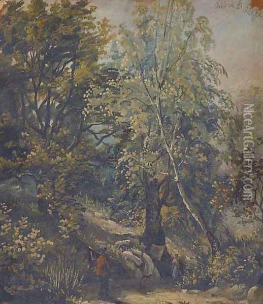 Figures on a woodland track Oil Painting - English School