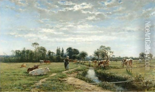 Milkmaid With A Herd Of Cows Oil Painting - William Mark Fisher