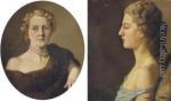 Portrait Of A Woman In A Blue Dress; And Portrait Of A Lady With A Pearl Necklace Oil Painting - Konstantin Andreevic Somov