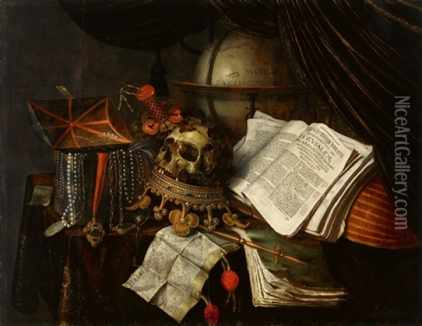 Vanitas Still Life With A Jewellery Box, Skull On A Reversed Crown, A Globe, And A Lute Oil Painting - Edward Collier