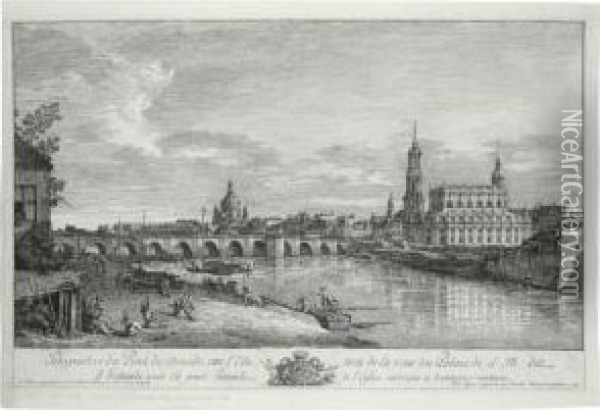 Perspective Du Pont De Dresde 
Sur L'elbe, Tiree De La Veue Du Palais De S. M., Dites D'hollande (de V.
 12; K. 150) Oil Painting - Bernardo Bellotto