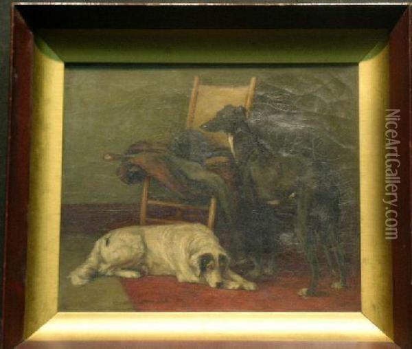 Hunting Dogs Awaiting Their Master Oil Painting - Charlotte E. Connard