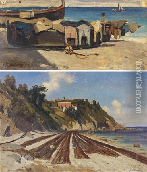 Fischerboot Am Strand Von Capri (+ Trocknende Fischernetze An Der Grosen Marina Von Capri, 1969, Oil On Canvas; Lrgr; 2 Works) Oil Painting - Ascan Lutteroth