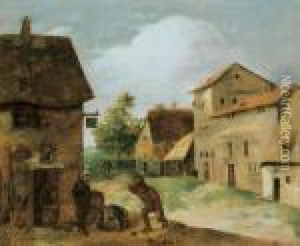 Zwei Bauern Bei Der Dorfschenke. Oil Painting - Adriaen Brouwer