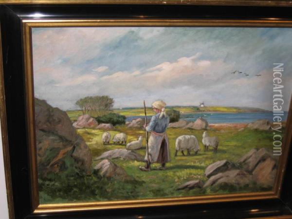 Landscape With Sheep Oil Painting - Axel Hansen
