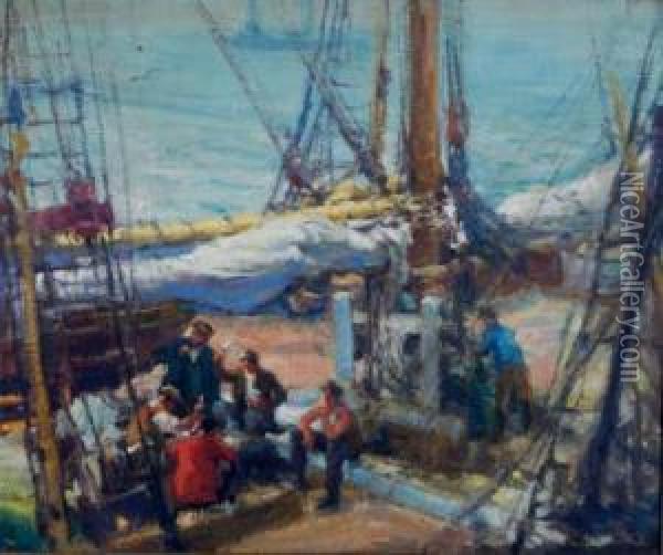 Game Of Cards By The Docks Oil Painting - Arthur William Woelfle