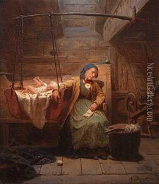 Interior Med Mor Og Barn Oil Painting - Knud Larsen Bergslien