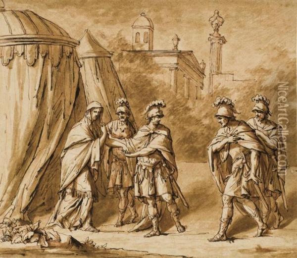 Coriolanus And His Encampment Outside Rome Oil Painting - John Michael Rysbrack