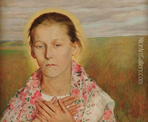 Attributed To Wincenty Wodzinowski , The Virgin Of The Meadow Oil Painting - Wincenty Wodzinowski
