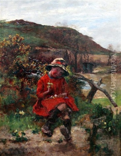 Child In A Red Coat Seated In A Landscape Oil Painting - Joshua Anderson Hague