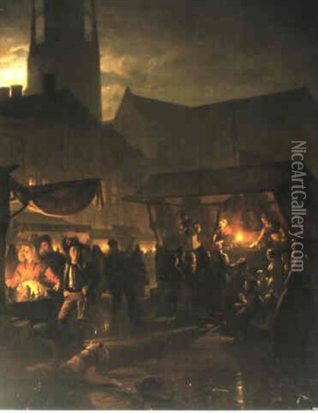 Numerous Figures On A Moonlit Market Oil Painting - Petrus van Schendel