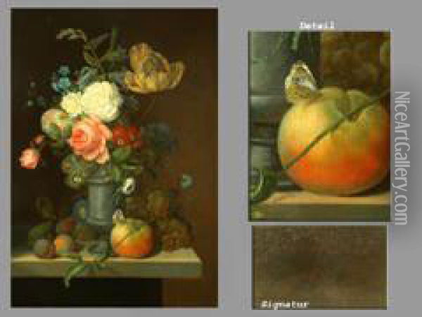 Blumen- Und Fruchtestilleben Auf Platte Oil Painting - Johannes Cornelis Bruyn