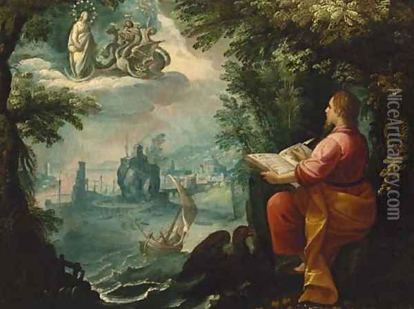 Saint John the Evangelist on the island of Patmos writing the book of Revelation Oil Painting - Jan Soens
