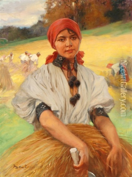 Hungarian Harvest Scene With A Young Girl Oil Painting - Sigmund Vajda