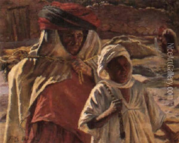 Vieille Femme Et Garcon De Bou-saada Oil Painting - Fritz Muller