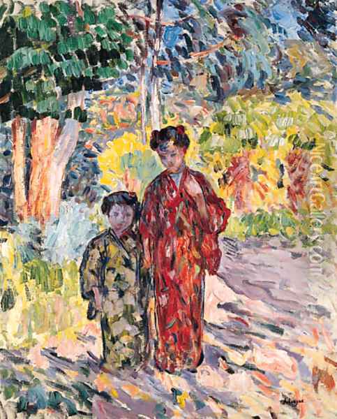 Marthe et Nono en Japonaises (Marthe and Nono dressed in Japanese Clothes) Oil Painting - Henri Lebasque