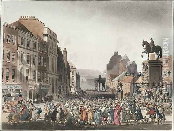 Pillory at Charing Cross from Ackermanns Microcosm of London Oil Painting - T. Rowlandson & A.C. Pugin