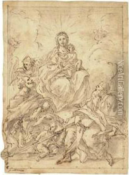 The Virgin And Child With Two Male Saints And Angels Oil Painting - Niccolo Ricciolini