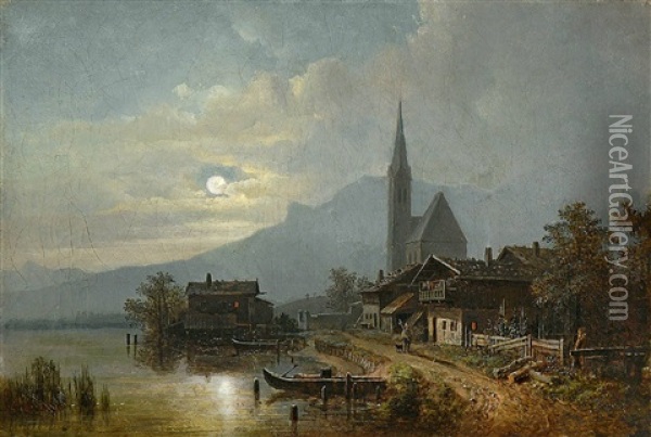 Gebirgsdorf An Einem See Bei Mondschein Oil Painting - Heinrich Buerkel