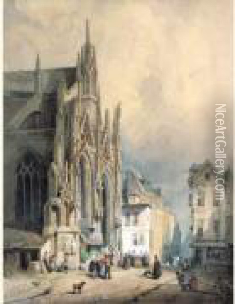 Geanimeerd Stadsgezicht (1839) Oil Painting - Francois Antoine Bossuet