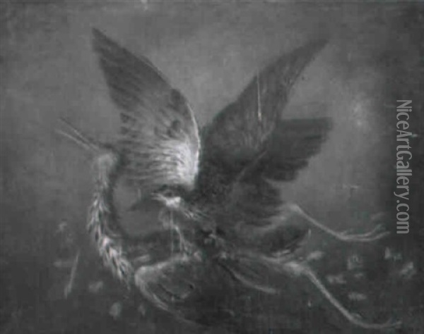 A Buzzard Attacking A Heron In Flight Oil Painting - James (Thomas J.) Northcote