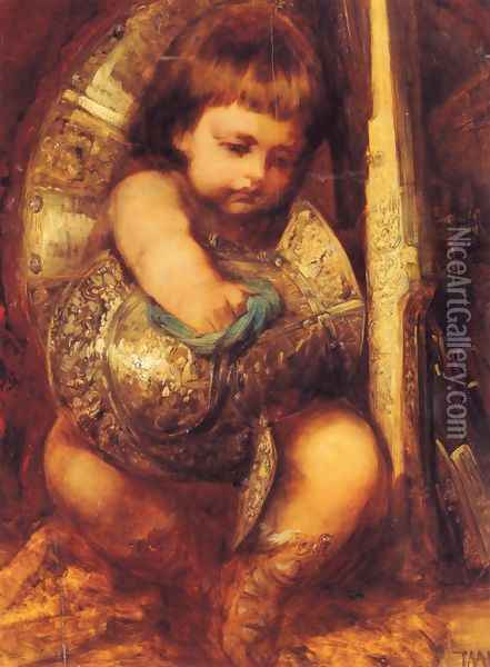 Ein Putto reinigt die Waffen des Mars Oil Painting - Hans Makart