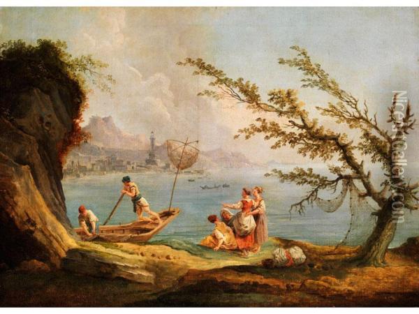 Fischer Und Frauen Am Ufer Der Bucht Von Genua Oil Painting - Carlo Bonavia