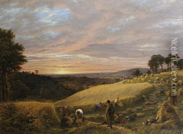 Harvesting At Sunset Oil Painting - James Thomas Linnell