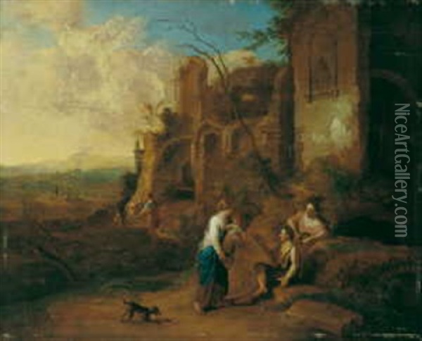 Arkadische Landschaft Mit Bauerlicher Staffage Vor Ruinen Oil Painting - Gerard Hoet the Elder