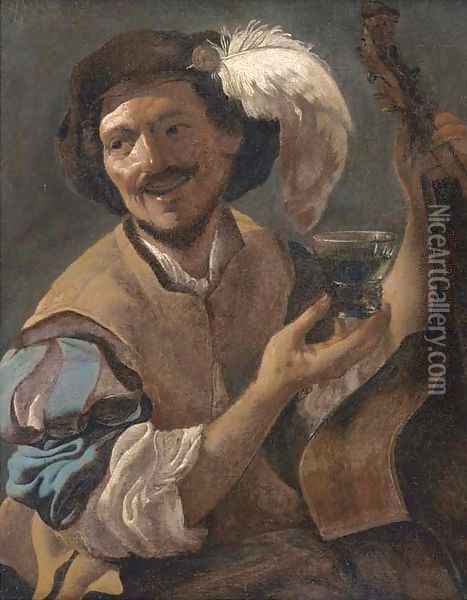 A laughing bravo with a bass viol and a roemer Oil Painting - Hendrick Terbrugghen