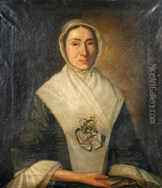 Portrait Of A Lady, Wearing A Nosegay Of Flowers And Holding A Fish Oil Painting - Joseph Badger