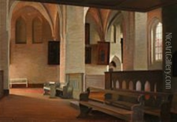 Church Interior From The Church Of Saint Mary In Elsingore, Denmark Oil Painting - Karl Jensen