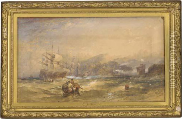 Man O'war Attacking A Fortified Estuary Oil Painting - Samuel Cook Of Plymouth