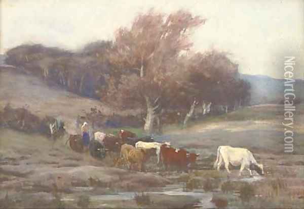 Herding the cattle to new pastures Oil Painting - Thomas Hunt