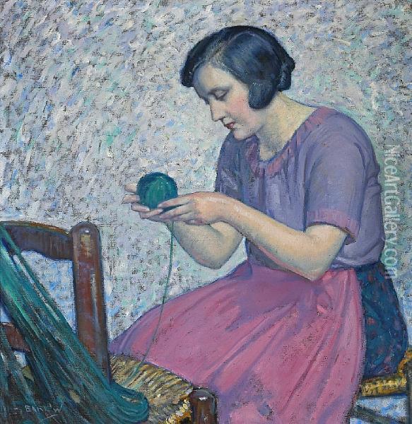 Winding Yarn Oil Painting - Myron G. Barlow