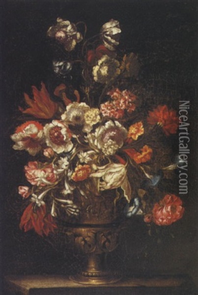 Still Life Of Tulips, Carnations, Roses, Stephanotis And Other Flowers In An Urn On A Stone Ledge Oil Painting - Mario Nuzzi