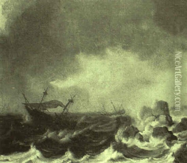 Vessels In Choppy Waters Off A Rocky Coastline Oil Painting - Jan Peeters the Elder